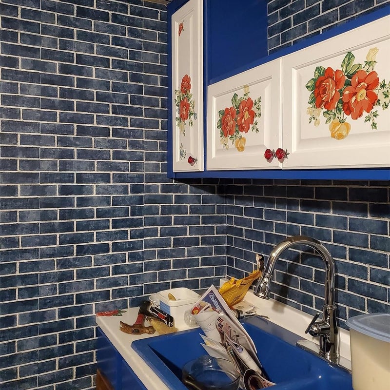 HeloHo 17.7" X 118" Blue Brick Wallpaper Peel and Stick Self-Adhesive Removable Wall Paper Brick 3D Textured Wallpaper for Kitchen Backsplash Living Room Bedroom Decor - Image 4
